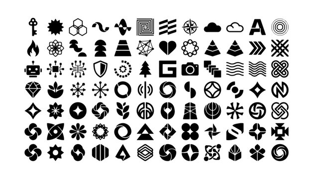 Large collection of black abstract logo icons and symbols for branding, corporate identity, and graphic design