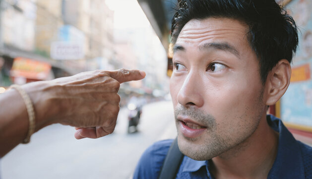 Man Reacting to a Pointing Gesture on a City Street