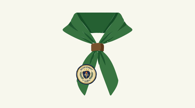 Green scout neckerchief with woggle and merit badge. Scouting uniform scarf vector. Outdoor youth organization neckwear.