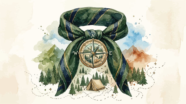 Vintage scout neckerchief with compass emblem, watercolor camping landscape with tent and pine forest, outdoor adventure vector illustration