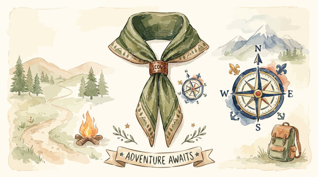 Vintage watercolor scout scarf and camping gear, adventure awaits outdoor hiking set, rustic wilderness exploration vector