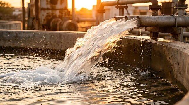 Water flowing from metal pipe into industrial tank