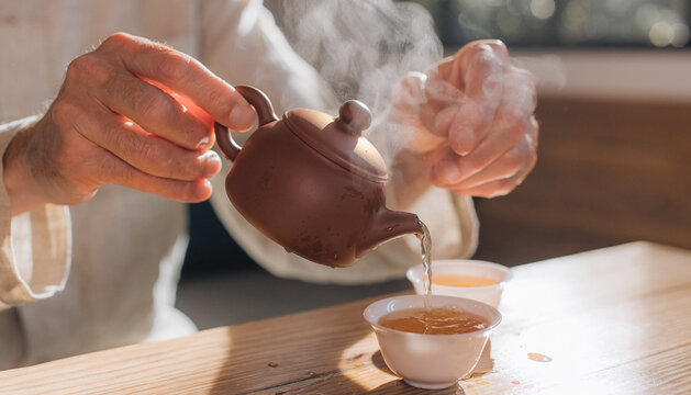 Pouring Hot Tea from a Teapot into Small Cups