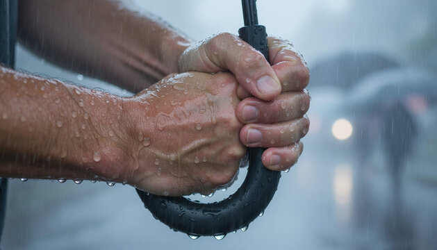 Close-Up of Hands Holding a Wet Umbrella in the Rain