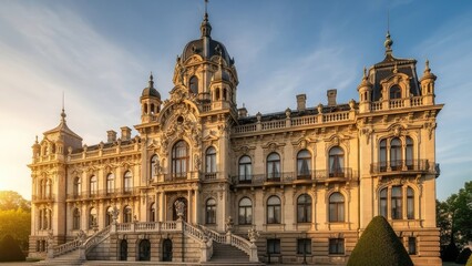Fototapeta premium Magnificent historic baroque palace architecture under blue sky.