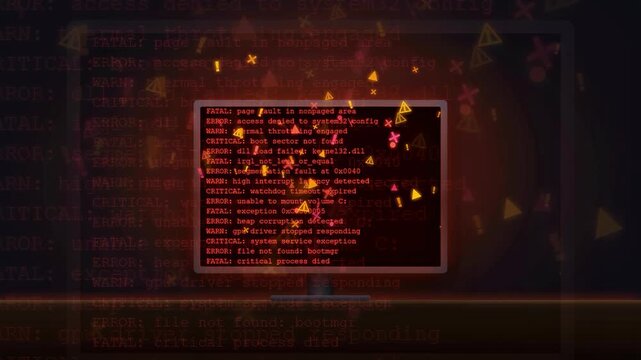 Digital screen displaying red computer error messages and system failure code on dark background