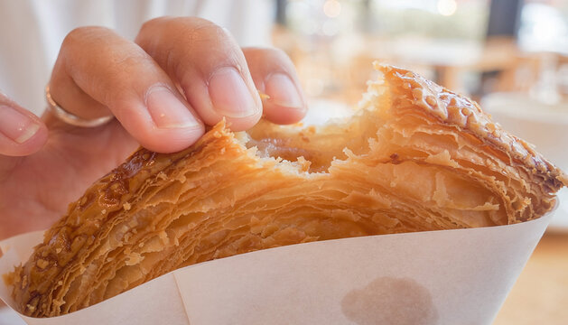 Close-Up of Hand Holding Flaky Pastry with Bite Taken Out