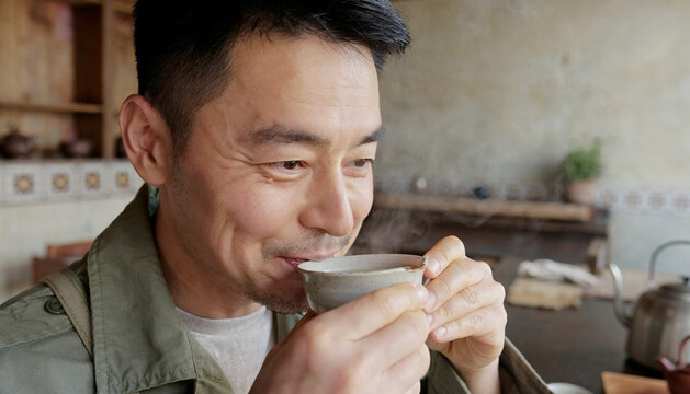 Man Enjoying a Hot Beverage in a Cozy Setting