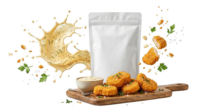 Chicken nuggets with dipping sauce and packaging isolated on transparent background