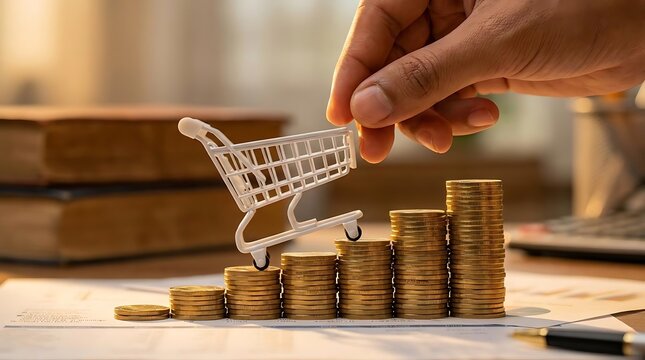 Hand moving miniature shopping cart up gold coin stacks