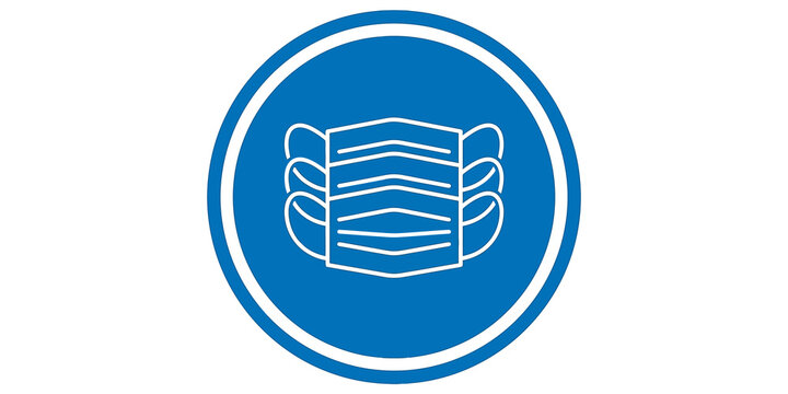 Medical face masks light gray icon within a solid blue circle on a transparent background for health and safety.