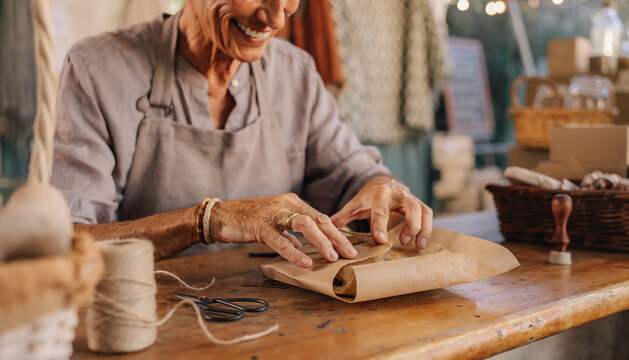 Craftsperson Wrapping Handmade Item at Artisan Market