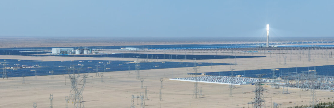 Energy Storage Power Station,Molten Salt Solar Thermal Tower with Photovoltaic Arrays and Transmission Towers in Gobi Desert
