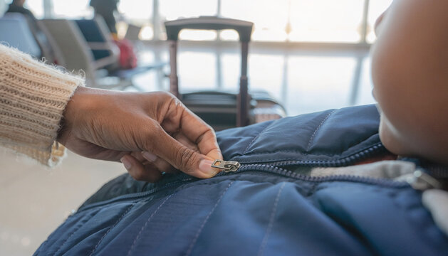 Close-Up of Hand Zipping a Jacket in Airport Terminal