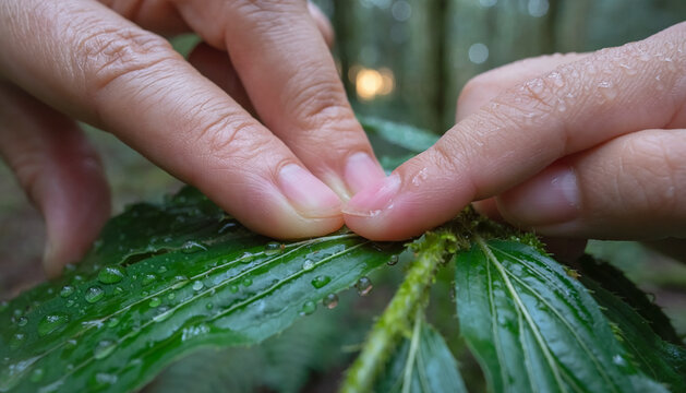 Close-Up of Hands Examining Dewy Green Leaves in Forest