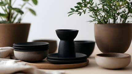 Fototapeta premium Minimalist ceramic tableware set with stacked bowls and a central cup surrounded by potted green plants on a wooden surface