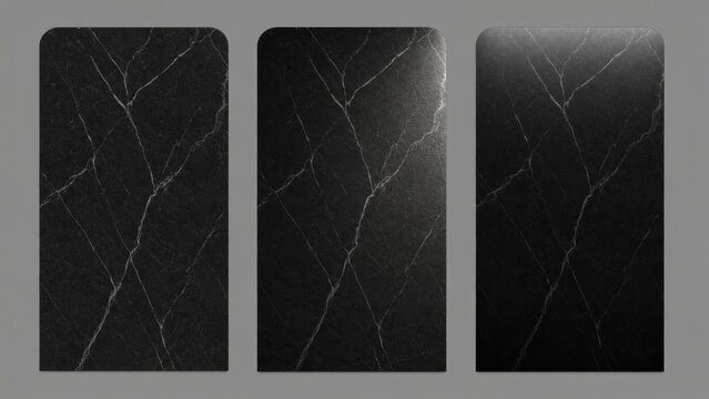 Set of 3 black marble background variations side by side, dark luxury stone texture collection in three different light situations with copy space for poster, web hero and presentation design