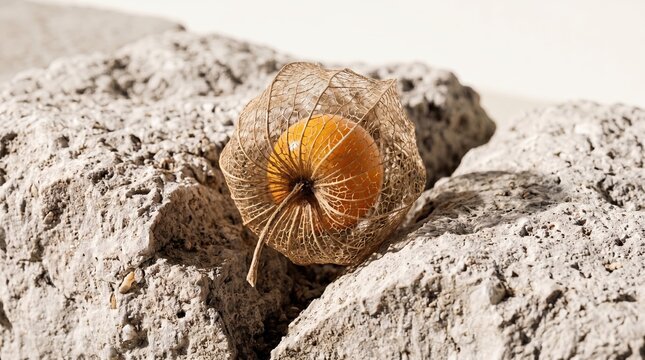 Close up of dry skeleton physalis husk with orange berry on porous grey stone surface generated with ai