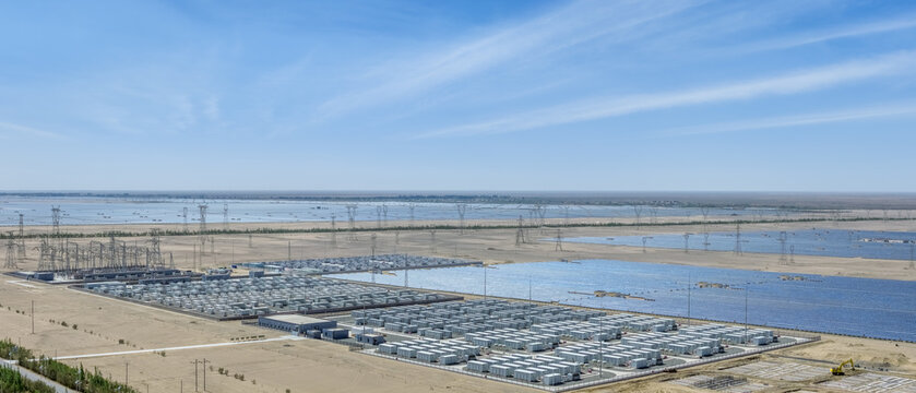 Battery Energy Storage Power Station beside Solar Photovoltaic Arrays in Gobi Desert Golmud