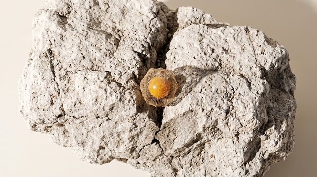 Top view flat lay of dry physalis husk with orange berry centered on a large textured grey stone generated with ai