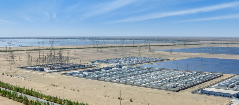 Energy Storage Power Station and Substation beside Solar Arrays in Gobi Desert