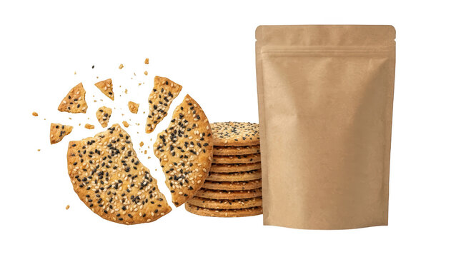 Sesame crackers with a brown paper pouch isolated on transparent background