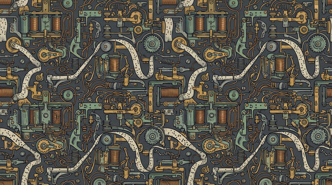 Industrial machinery pattern background featuring mechanical gears cogs pipes and technical blueprints technical blueprint metal cogs factory engineering tech texture mechanism design industry