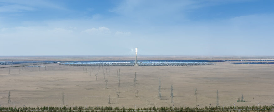 Molten Salt Tower Solar Thermal Power Station with Heliostats and Transmission Towers in Gobi Desert