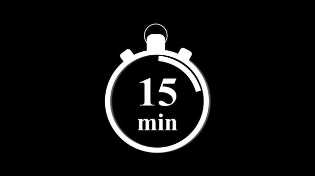15 minute stopwatch timer animation on black background, for time management, and countdown projects, 15 minutes