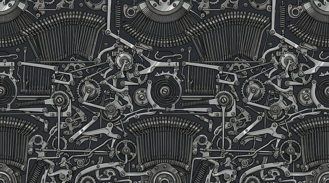 Monochrome mechanical pattern featuring intricate metal gears engine parts and technical machinery elements monochrome background industrial texture technical drawing dark mechanism steel cogs