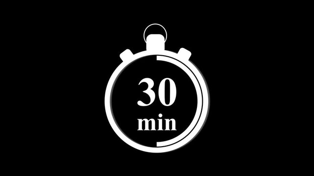 30 minute stopwatch timer countdown animation, minimalist white on black background, for time management, productivity, and deadline concepts