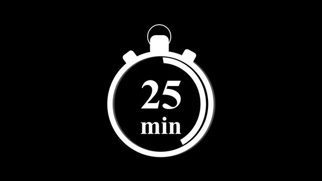 25 minute stopwatch timer countdown animation on black background, for time management, and productivity