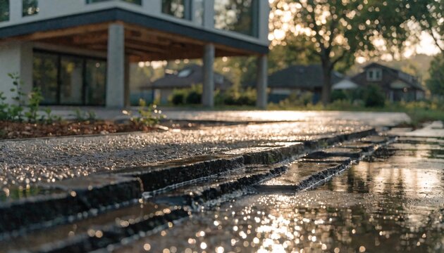 Wet pavement reflecting golden sunset light in front of a modern architectural home exterior