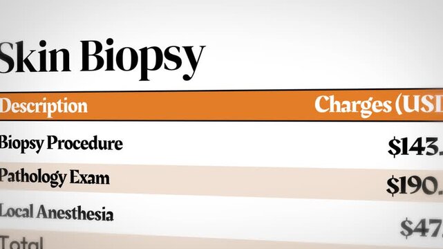 Skin biopsy cost breakdown table, medical billing overview, and healthcare expenses 4k animation analysis