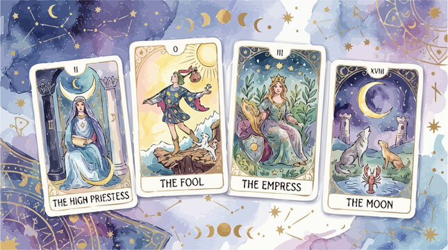 Watercolor Tarot Cards Set with The High Priestess, The Fool, The Empress, and The Moon on Celestial Background