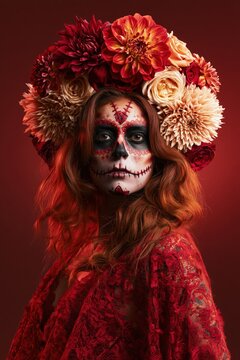 Dia de los Muertos Portrait with Floral Headdress and Skull Makeup