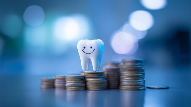 A smiling tooth stands on stacked coins representing dental treatment costs healthcare expenses and insurance planning
