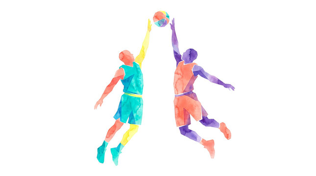Geometric Pop Art Watercolor Painting Illustration of Basketball Players Rebound PNG