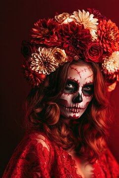 Dia de los Muertos Portrait with Floral Headdress and Skull Makeup