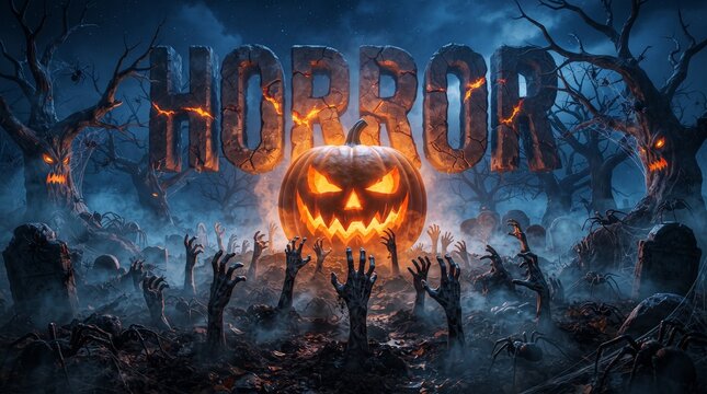 Spooky Halloween Horror Text Banner with Glowing Carved Jack-O-Lantern and Zombie Hands Rising from Foggy Ground