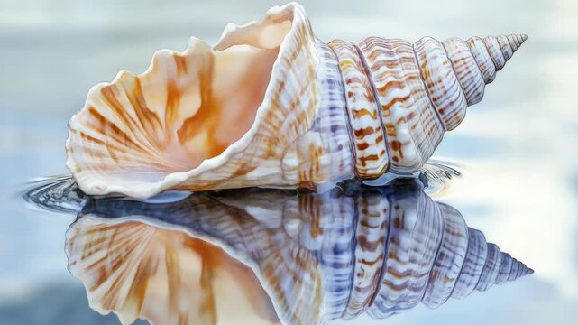 Large Striped Conch Shell on Reflective Water Surface