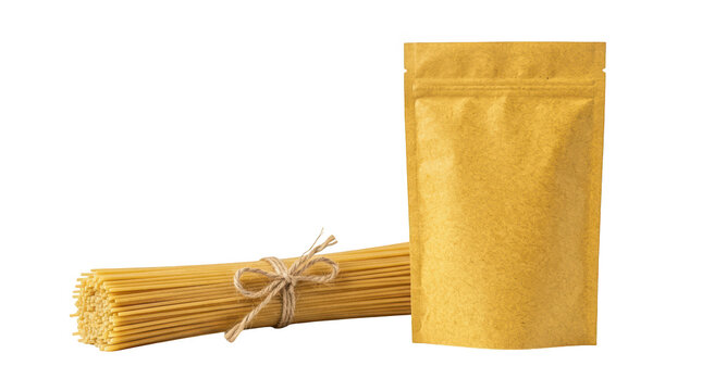 Spaghetti bundle tied with twine next to a kraft paper pouch isolated on transparent background
