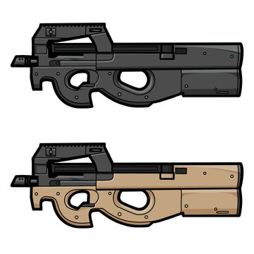 P90 compact submachine gun displayed in two side views with black and tan color variations, detailed bitmap illustration isolated on white background.