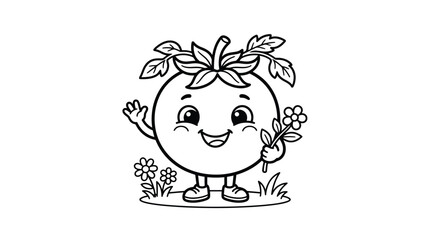 Fototapeta premium Cute Tomato Character Coloring Page For Kids Vector Illustration