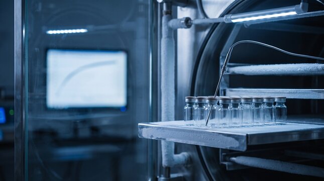 Glass vials inside a pharmaceutical freeze dryer machine for medical manufacturing process