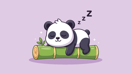 Adorable little panda bear sleeping soundly on a green bamboo stalk illustration. © Caroline Studio