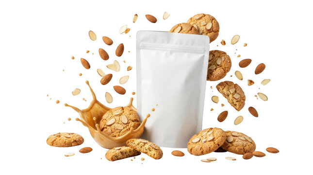 Almond cookies with milk splash and packaging isolated on transparent background