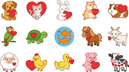 Fototapeta premium Cute Cartoon Farm Pets Valentine Hearts Set Dog Cat Rabbit Hamster Guinea Pig Parrot Turtle Goldfish Horse Goat Sheep Chicken Duck Pig Cow