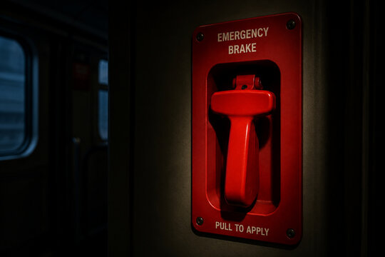 Single bright red emergency brake handle in dim train carriage, stark contrast.