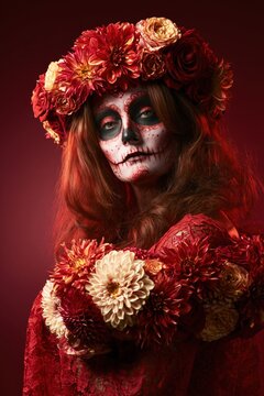 Dia de los Muertos Portrait with Floral Headdress and Skull Makeup
